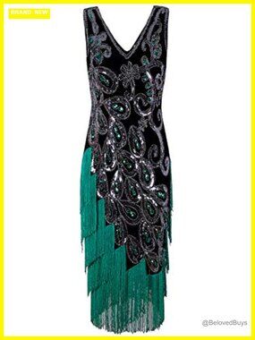 Vintage 1920s Peacock Sequin Flapper Dress Fringe Gatsby Party